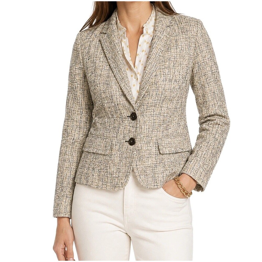 J Crew Blazer Size 4 Beige Linen Cotton Woven Silk Lined Tailored Career Jacket